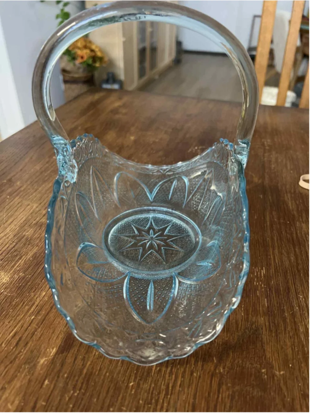 Vintage Aqua Blue Pressed Glass Basket Starburst Diamond Point Candy Dish